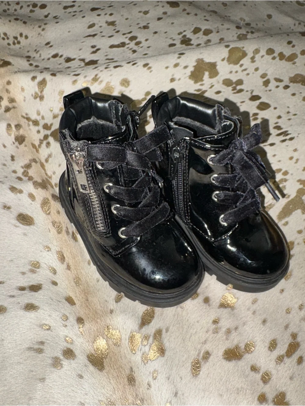Kids Black Patent Zip-Up Ankle Boots with Velvet Laces